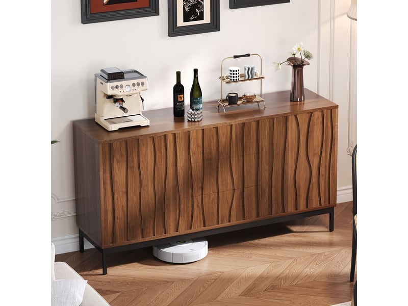  Buffet salle à manger 150cm, style mid century + buffet cuisine, finition chêne foncé, 3 tiroirs, niche ouverte  - Conforama B