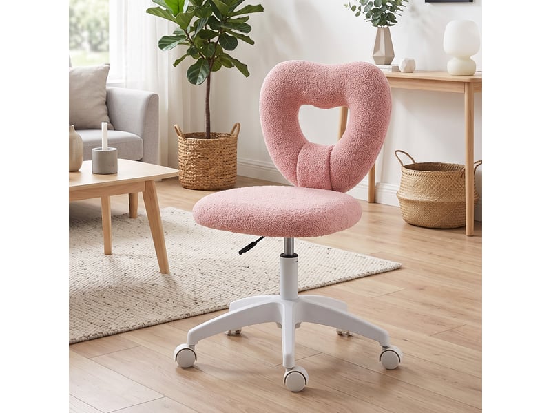  Chaise de bureau rembourrée avec dossier en forme de cœur et roulettes, en velours peluche et plastique, 45 x 56 x 78-88 cm, rose  - Conforama D