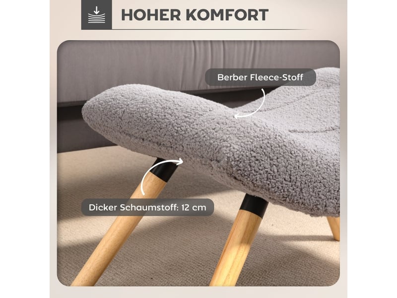  Tabouret, repose-pieds en tissu polaire berbère, tabouret rembourré capacité de charge jusqu'à 120 kg, pour salon, chambre, 67 x 45 x 38 cm, gris 838-482V00LG - Conforama E