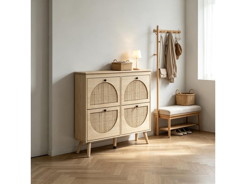  Meuble à chaussures 4 abattants rangement 20 paires - lpospi - façades en rotin, bois naturel  - Conforama B