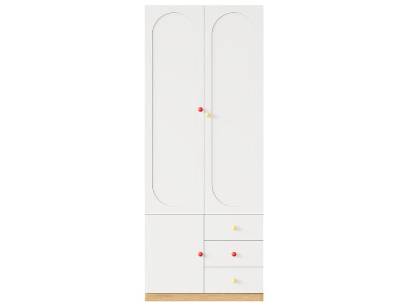  Armoire à vêtements 80 x 50 x 200 cm portes doubles et tiroirs tringle et étagères finition laquée blanche structure mdf poignées en céramique rouges et jaunes  - Conforama E