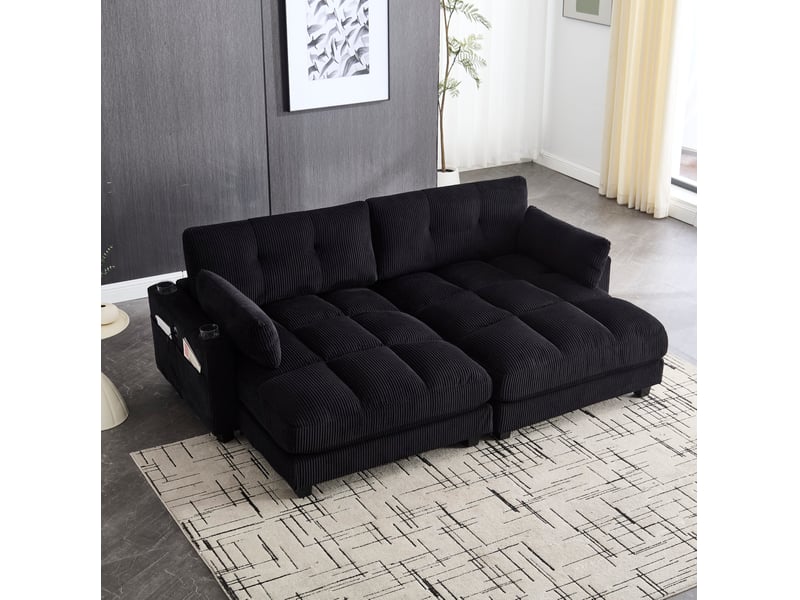  Canapé 2 places modenvie modulable, séparable en 2 fauteuils, velours côtelé noir, ports usb, 4 porte-gobelets, 4 poches, 224 x 140 x 81 cm  - Conforama B