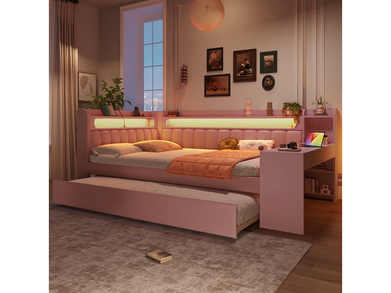 Lit tiroir gigogne 140x200 cm avec bureau, led 7 couleurs, ports usb, tissu lin rose, sans matelas - Conforama B