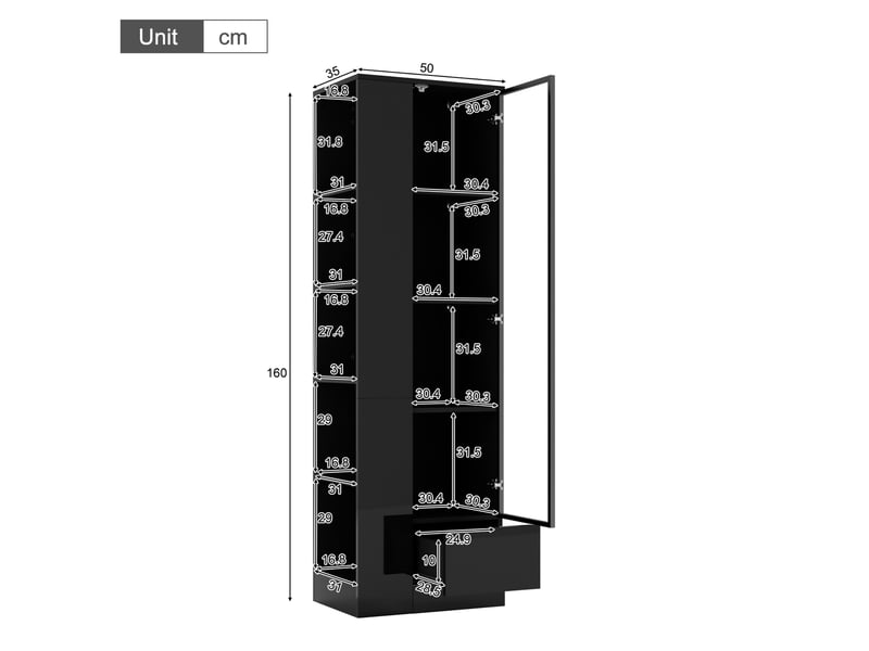  Vitrine avec porte vitrée 50x35x160 cm – noir – led réglable, tiroir, étagères ouvertes, finition brillante  - Conforama C