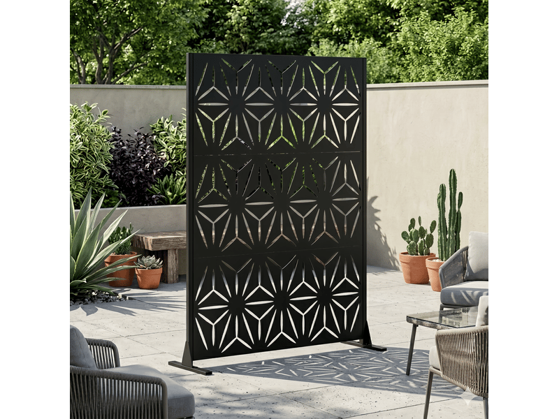 Brise-vue extérieur autoportant 116 x 183 cm – noir – acier galvanisé, base stable et motifs ajourés - Conforama B