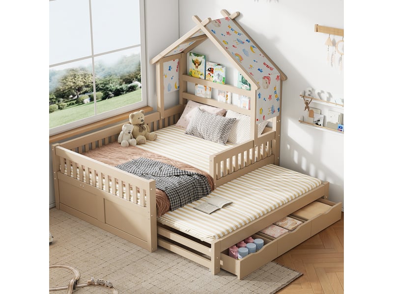 Lit cabane 140 × 200 cm 2 places avec lit gigogne, 3 tiroirs et barrières, sans matelas, en bois, crème - Conforama B