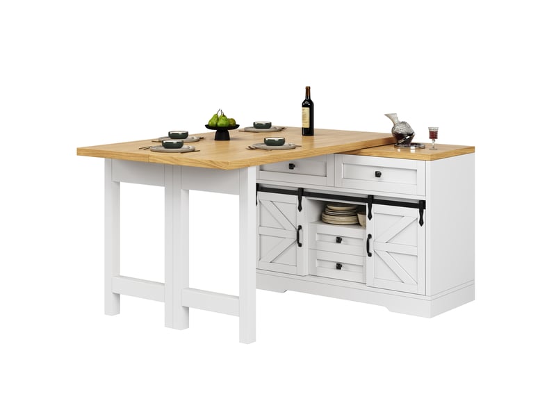  Desserte de cuisine avec placard, tiroirs dissimulés et plateau pivotant, table extensible pour salle à manger  - Conforama A