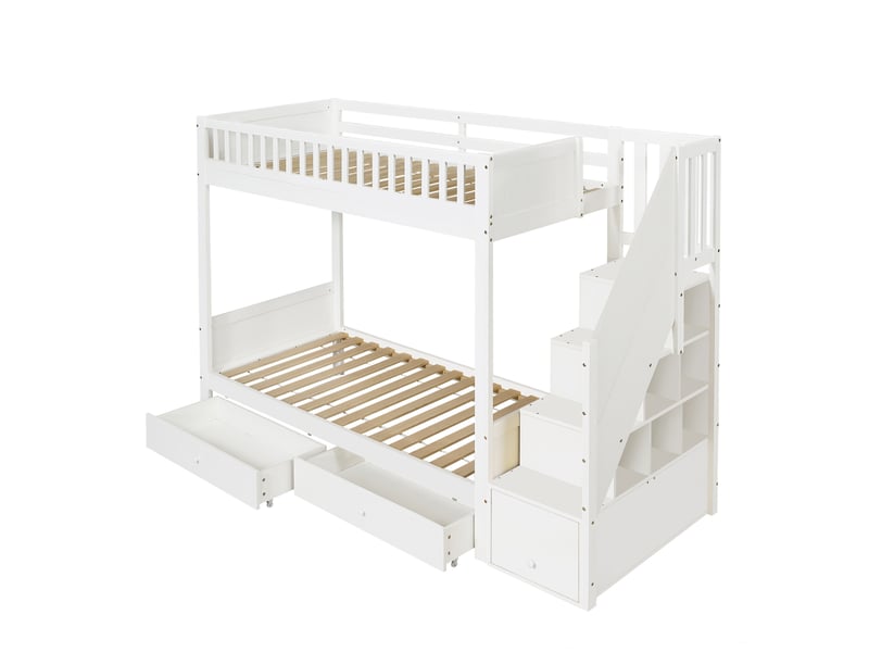  Lit superposé enfant 90x200 cm, escalier avec rangement, 2 tiroirs, barrière de sécurité, bois et mdf, blanc OMNIGLINT TRADING LTD - Conforama A
