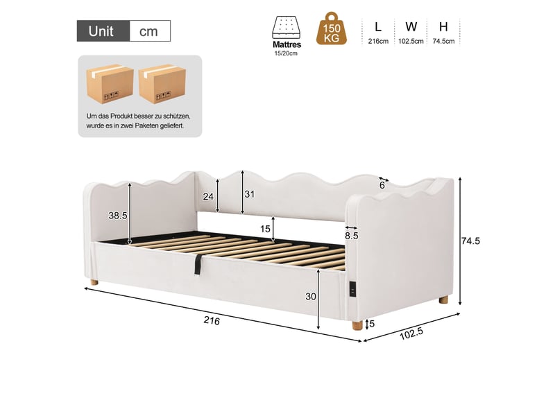  Canapé-lit coffre 90x200 cm avec rangement hydraulique, prises usbtype-c, sommier à lattes et bords rembourrés, velours beige  - Conforama C