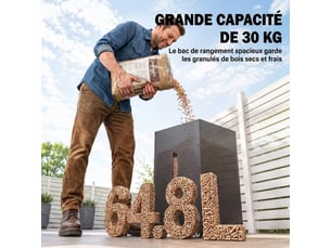 Réservoir à pellets granulés en acier 30 kg, roulettes, fenêtre de niveau, 36,5x36,5x61,5cm, tamis avec poignée, noir
