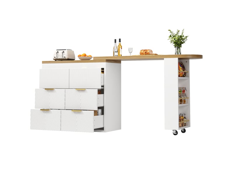Table de bar extensible pivotante 128-203x39x90 cm avec 6 tiroirs, buffet multifonction mdf blanc  - Conforama D
