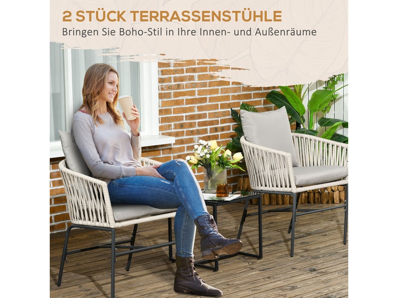  Lot de 2 chaises de jardin en acier et corde avec coussins beige 57 x 60 x 71 cm  - Conforama D