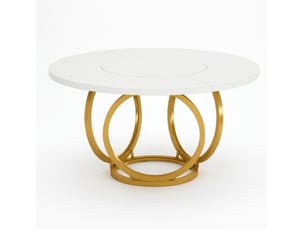 Table à manger ronde 120 cm blanche et dorée en mdf et acier, 4 à 6 personnes