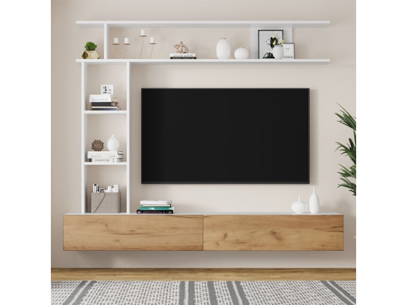 Meuble tv muraux 180 cm avec vitrines, une étagère sur pied et une étagère murale, blanc et bois - Conforama B