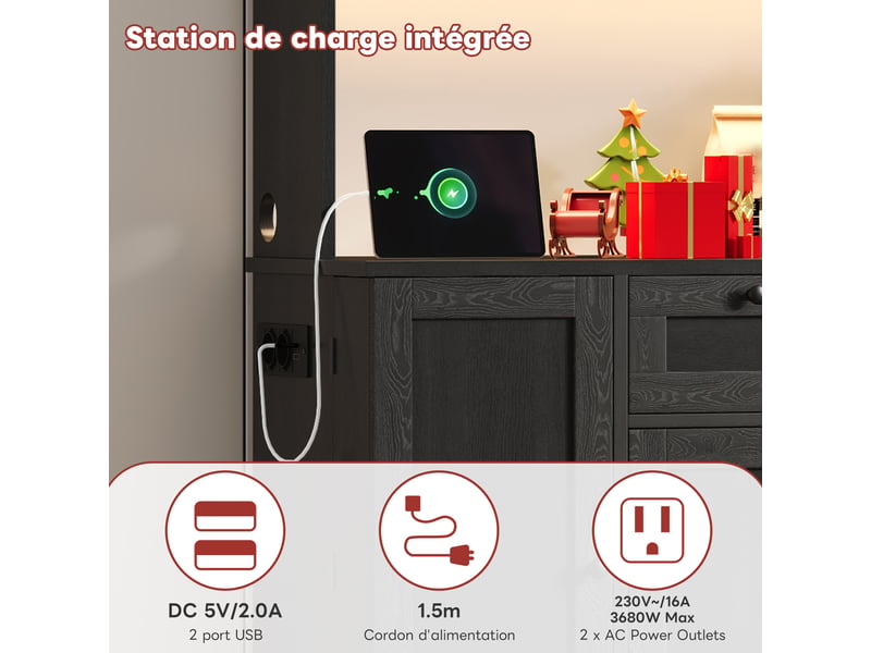 Meuble de cuisine muvano noir avec éclairage multicolore, prise électrique et rangement 105 × 40 × 180 cm - Conforama R
