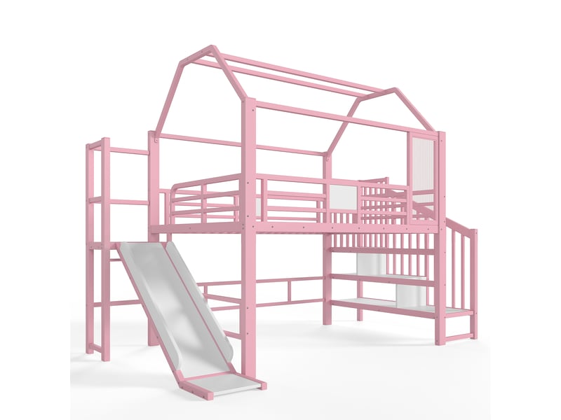  Lit mezzanine enfant métal 140x200 cm lit cabane lit adolescent lit double avec toboggan escalier de rangement éclairage led, rose  - Conforama A