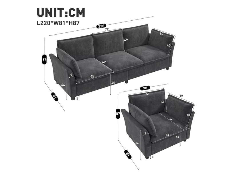 Canapé combinable 3-1-1 modulaire 3 places 2 fauteuils tissu chenille gris coussins confort cloud design moderne pour salon - Conforama C