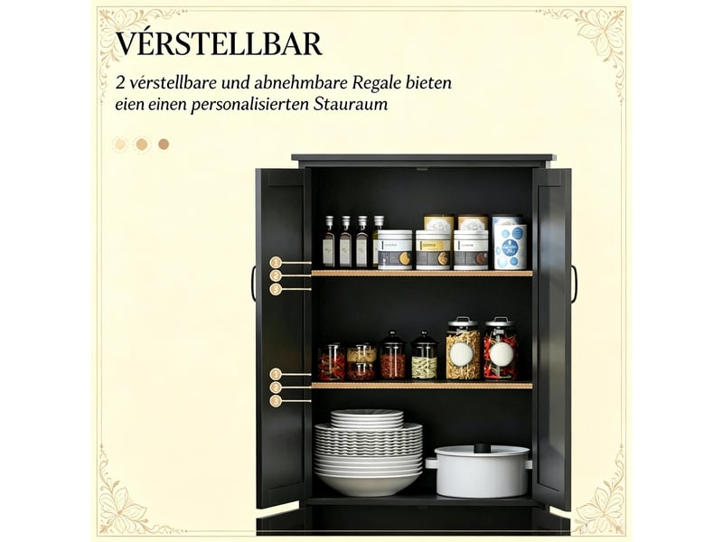 Buffet de cuisine haut avec 4 portes, 3 étagères et dispositif anti-basculement, en mdf, 60×30×123 cm, noir - Conforama E