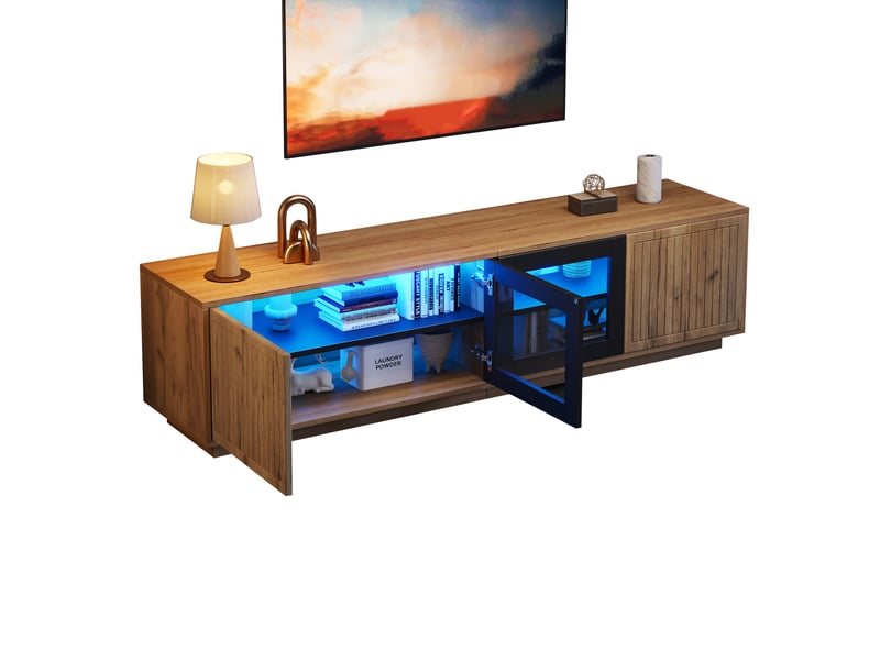  Meuble tv 180 cm pour écran jusqu'à 75 pouces avec led, bois naturel et noir  - Conforama A