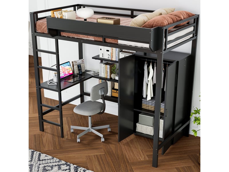  Lit superposé enfant en métal et bois noir 90x200cm avec bureau, armoire, rangements et échelle 5 marches  - Conforama D