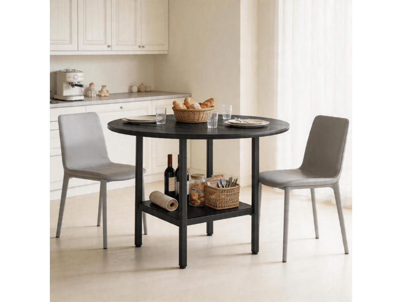 Table de salle à manger ronde, 100x100x77 cm, moderne espace de rangement 4, plateau mdf, piètement métal, coloris noir - Conforama B