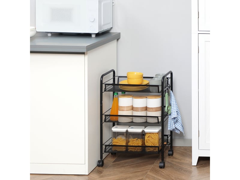 Chariot de service à 3 niveaux avec paniers, chariot à roulettes, chariot de rangement, 45 x 26,5 x 63 cm, noir - Conforama C