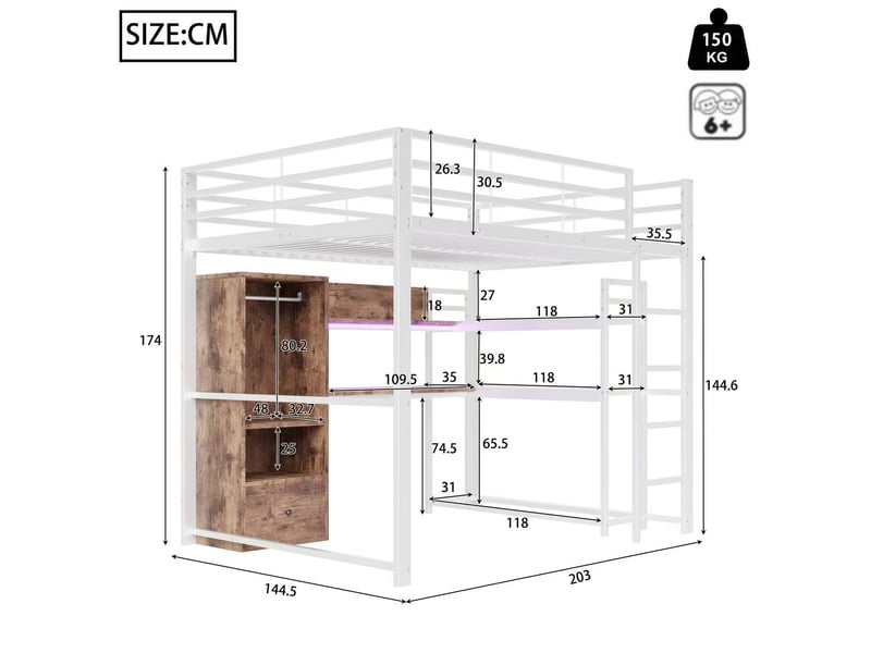 Lit mezzanine enfant 140x200 cm, led, bureau, tiroir, armoire, étagère, sommier, métal blanc, sans matelas - Conforama C