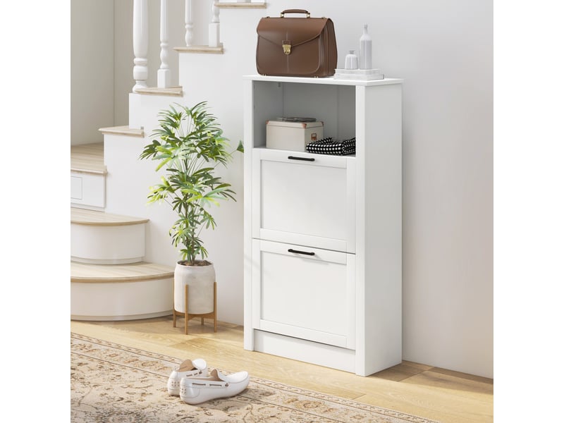  Meuble à chaussures étroit à 2 portes, étagères réglables et compartiment ouvert pour 10 paires de chaussures, 58 x 24 x 105 cm, blanc  - Conforama B