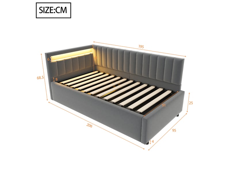 Lit banquette 90x200 cm en velours gris, led, coffre hydraulique et dossier latéral modulable - Conforama C