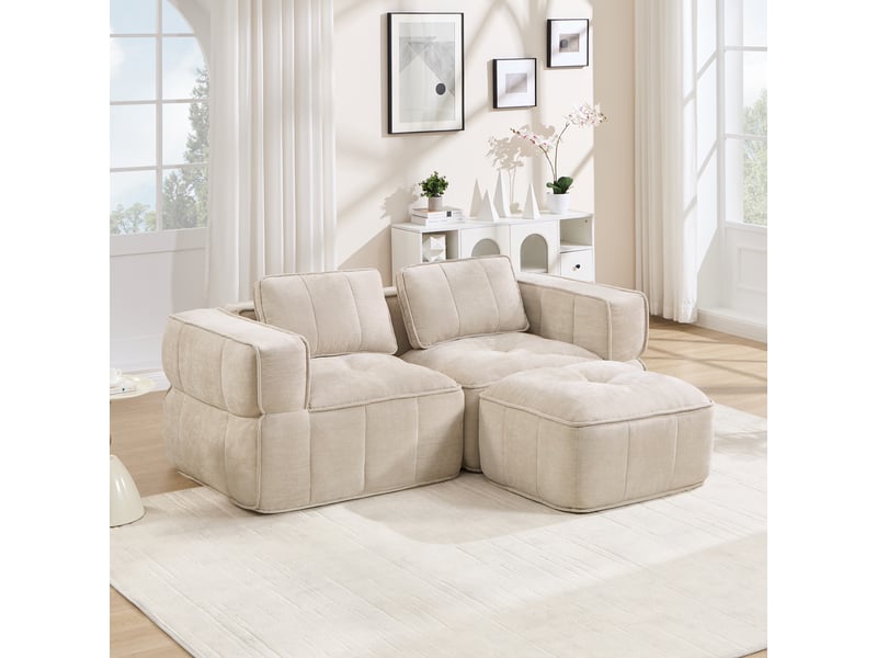  Canapé d’angle modulable 2 places avec pouf, assise profonde - lpospi - mousse 32d, polyester beige 198 × 162 × 67 cm  - Conforama B