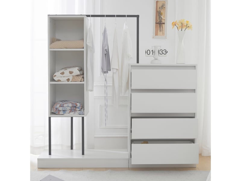  Armoire portant 140x40x135cm - meuble desserte de rangement ouvert avec 4 tiroirs &amp; tringle penderie métal - blanc  - Conforama C