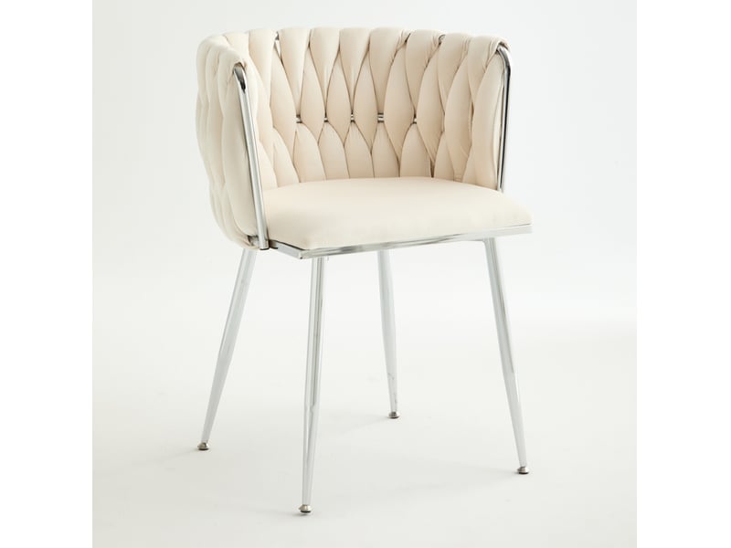 Chaise de salle à manger lot de 2, dossier bas tissé et structure métallique argentée, en velours ivoire - Conforama A