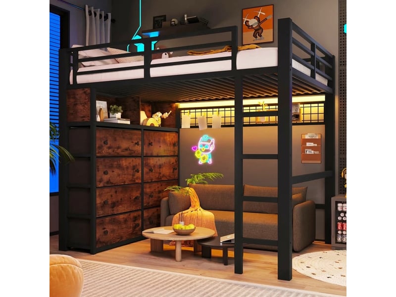  Lit mezzanine 140x200 avec 8 tiroirs et led métal noir  - Conforama B