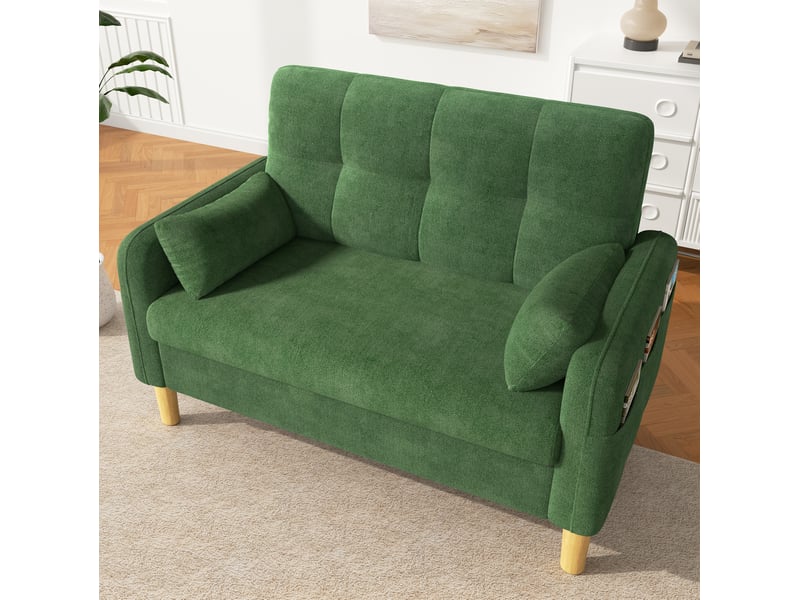  Canapé deux places modenvie en chenille vert avec 2 coussins et poche de rangement latérale 119 x 78 x 85 cm  - Conforama E
