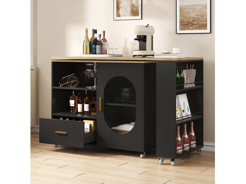 Îlot de cuisine mobile 120-180 x 60 x 90 cm, plateau pivotant 360°, naturel et noir - Conforama B