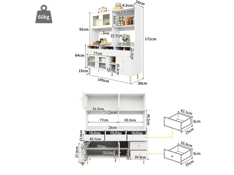  Buffet haut modenvie 145 x 39 x 171 cm avec portes en verre strié, range-verres, rangements multiples, blanc et accents dorés  - Conforama C