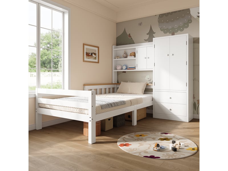  Lit enfant en bois massif, 90 x 200 cm, avec armoire, tiroirs et étagères ouvertes, lit multifonction gain de place, blanc  - Conforama D