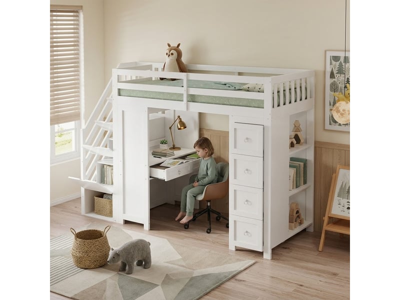  Lit surélevé enfant multifonctionnel avec bureau, tiroirs et rangements latéraux, 90x200cm, blanc  - Conforama C