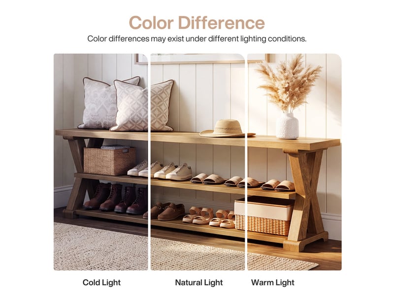  Banc de rangement pour entrée de 160 cm avec étagères (3 niveaux), banc à chaussures en bois style ferme avec côtés en croix pour couloir ; meuble de rangement rustique pour salon, chambre ou véranda  - Conforama D