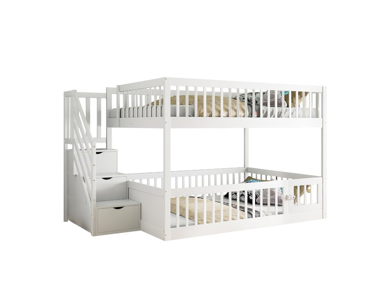  Lit superposé enfant 140 x 200 cm avec escalier de rangement, tiroirs, petite porte et garde-corps, structure en bois blanc, gain de place  - Conforama A