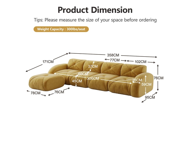  Canapé d’angle modulable en l – 4 places – antidérapant – sans montage – repose-pieds inclus – jaune  - Conforama C
