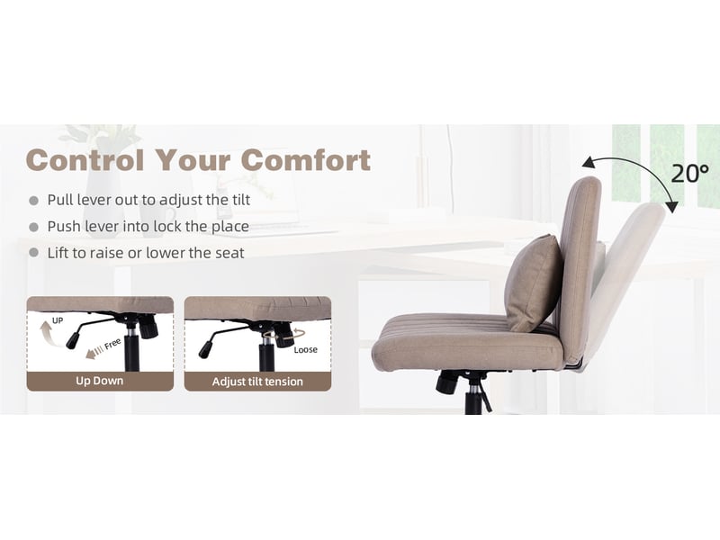  Fauteuil de bureau pivotant réglable sans accoudoirs avec roulettes silencieuses et coussin, en tissu beige  - Conforama D