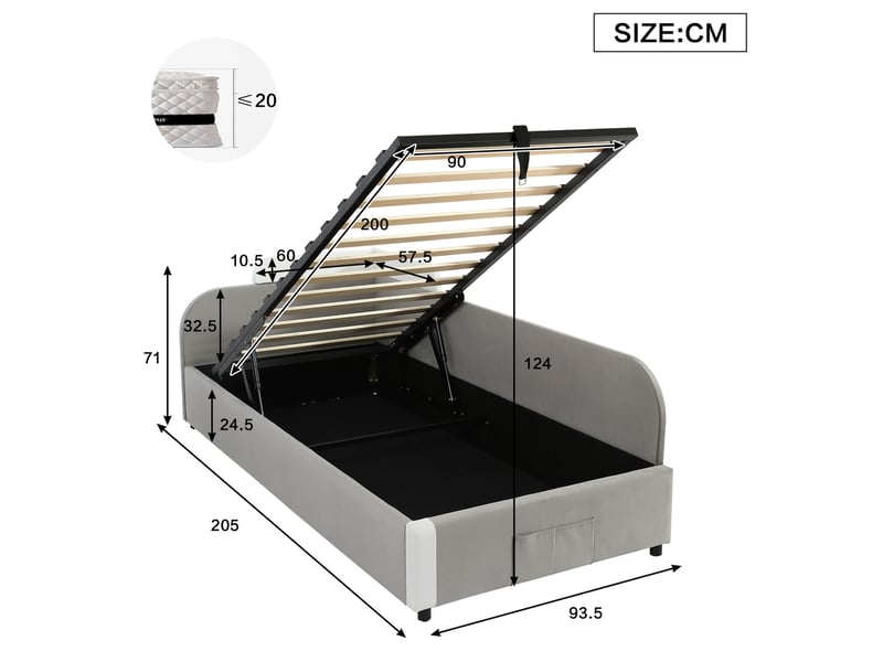  Lit coffre combiné pour 2 matelas 90x200 cm gris avec rangement hydraulique  - Conforama C