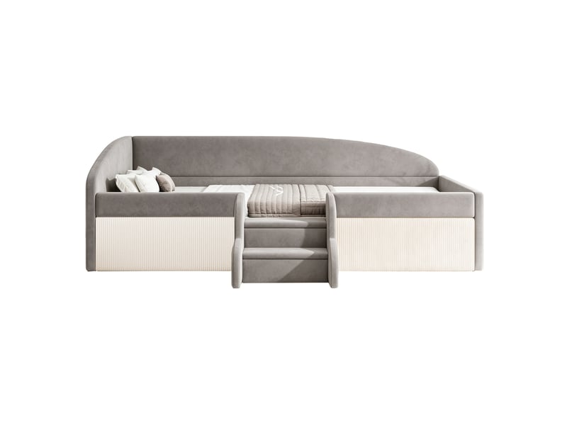  Lit enfant 90 × 190 cm 1 place avec barrières et marches antidérapantes, sans matelas, en velours gris  - Conforama E