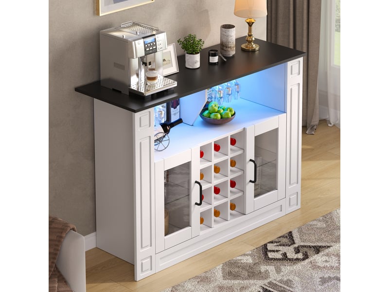  Meuble bar à vin avec éclairage led rgb, casier 12 bouteilles, 120 cm blanc et plateau noir  - Conforama W