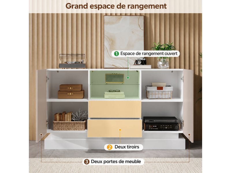  Buffet blanc brillant 140 cm avec éclairage led commandé par application  - Conforama D