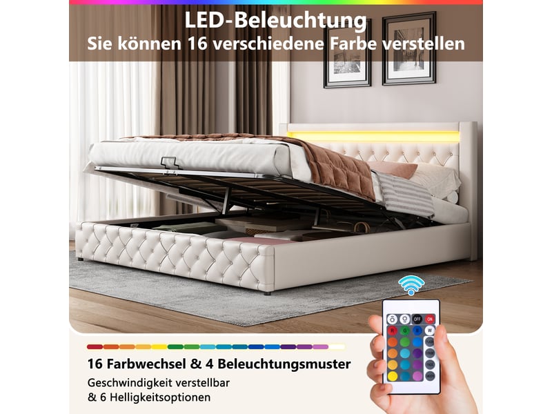 Lit coffre 180x200 blanc, lit capitonné avec éclairage led et sommier à lattes, lit fonctionnel adulte en pu. - Conforama D