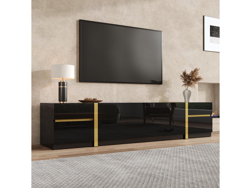 Meuble tv, finition brillante, bordures dorées, avec tiroirs et portes, noir - Conforama D