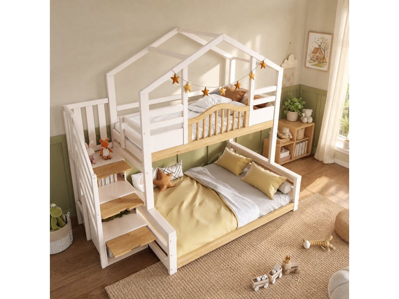 Lit superposé enfant cabane avec escalier de rangement, couchages 90x200 et 140x200 cm - Conforama B