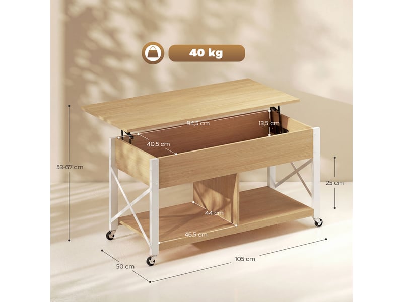 Table basse relevable à roulettes, table de salon avec compartiment caché, étagères ouvertes, bois naturel et blanc - Conforama E